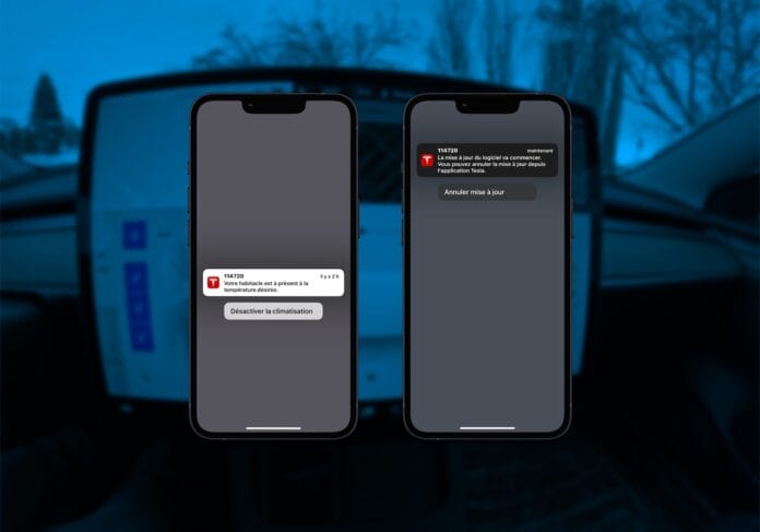 Deux smartphones affichant notifications de l'application Tesla.