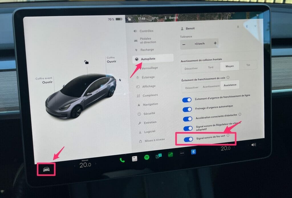 Notification de sonore de feu vert sur la Tesla Model 3