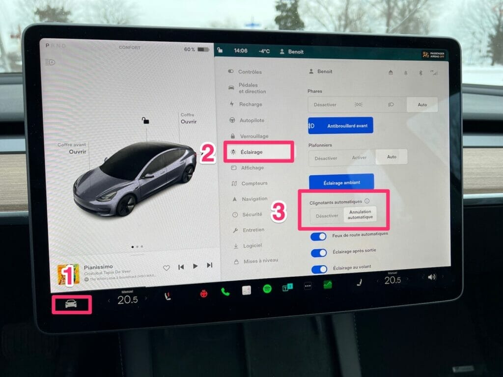 tesla model 3 comment activer clignotants automatiques
